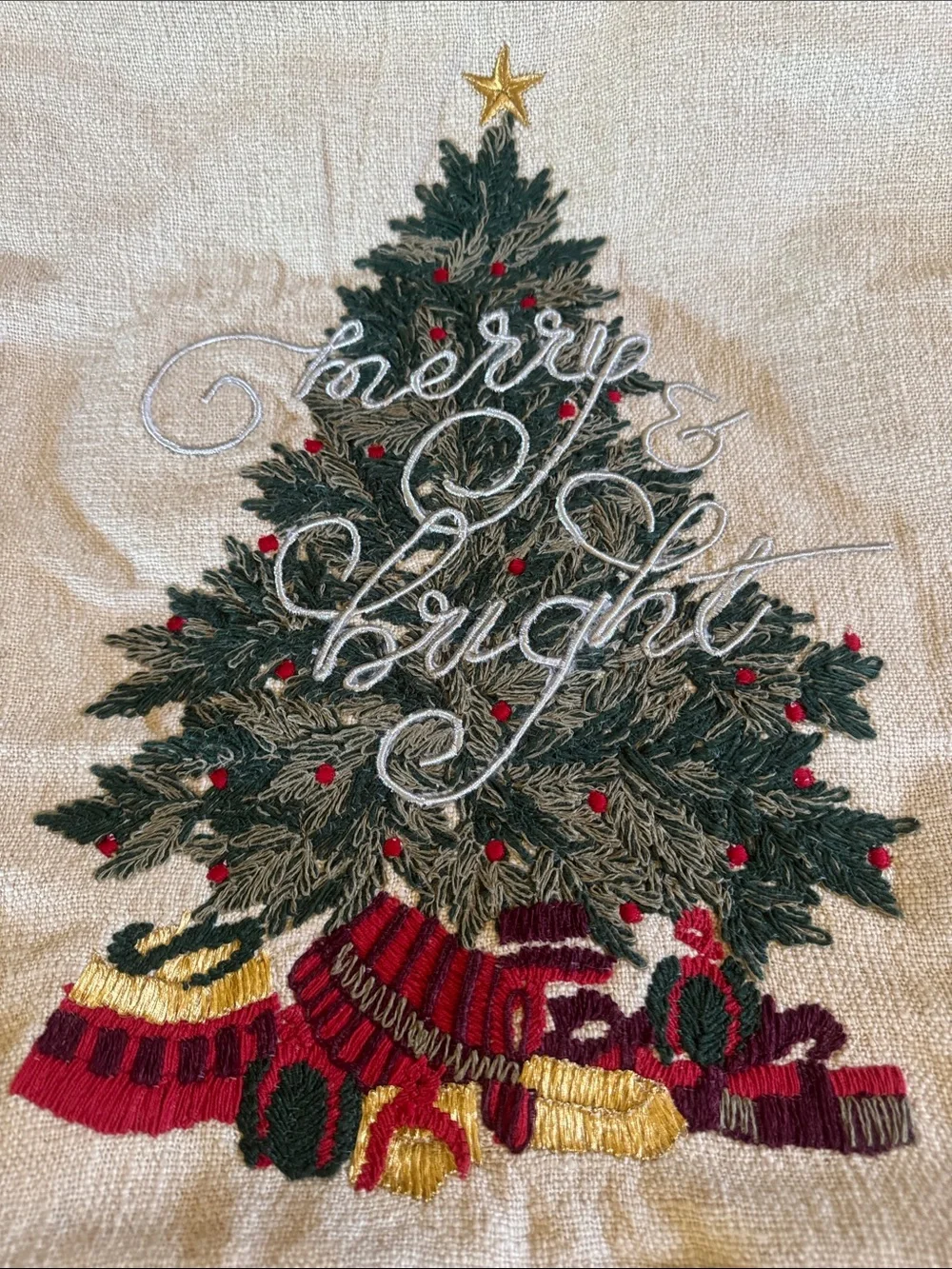 Pottery Barn Merry & Bright Embroidered Christmas Tree Holiday Pillow Cover